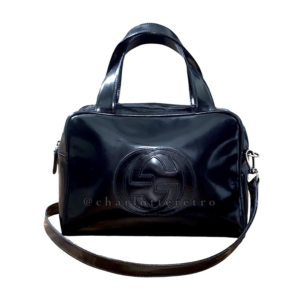 90s vtg Gucci x Tom Ford • Black Patent Leather Bowler w Strap